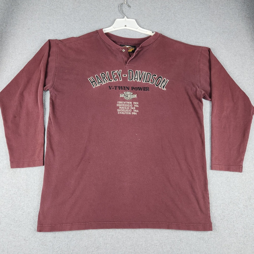 Harley-Davidson Henley Shirt Mens 2XL Burgundy V-Twin Power Embroidered Casual